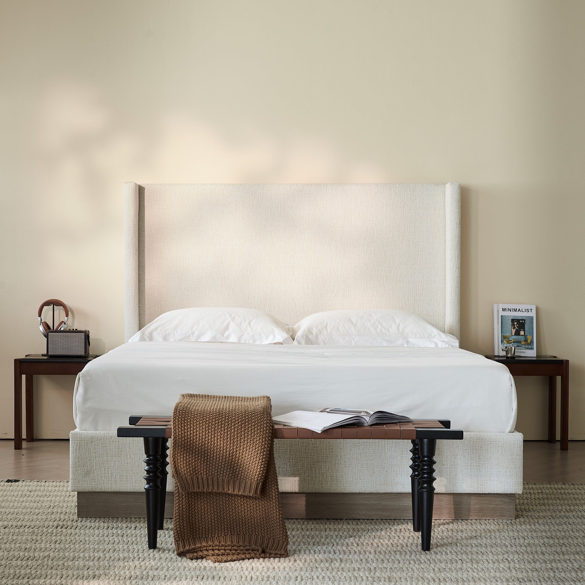 Hosford Upholstered Wingback Bed / Upholstered Wood Base Platform Bed / 52.5" High Headboard / Minimalist / Rusticity / No Box Spring Needed / King / Oat Boucle / No Noise image 1