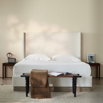 Hosford Upholstered Wingback Bed / Upholstered Wood Base Platform Bed / 52.5" High Headboard / Minimalist / Rusticity / No Box Spring Needed / King / Oat Boucle / No Noise image 1