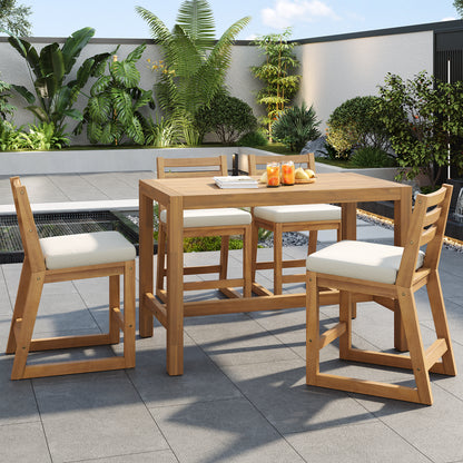 TREXM 5-Piece Rustic Patio Bar Set, Patio Table and Chairs Set with Ergonomic Chairs, Solid Wood Slatted Tabletop for Poolside, Balcony, Backyard, Porch (Light Teak+Beige Cushion) image 1