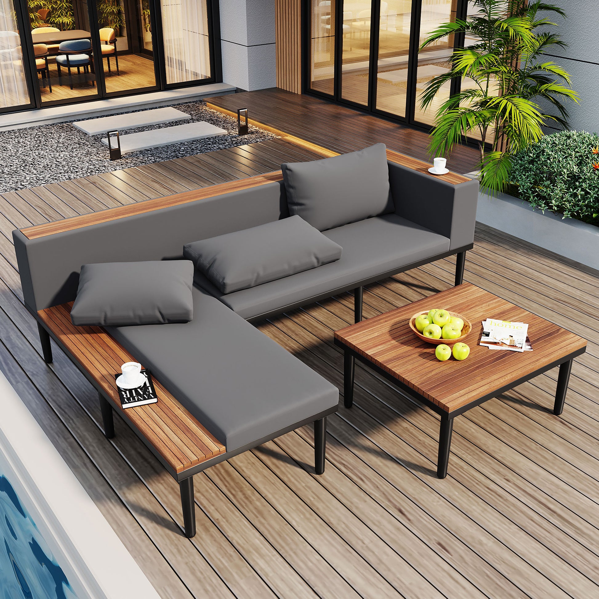 <Old SKU: N704G201251E> Luxury Patio Furniture Set with Removable Cushions and Coffee Table, L-Shaped Acacia Wood Sofa with Side table, Outdoor Conversation Sectional Sofa for Backyard, Porch, Gray image 1