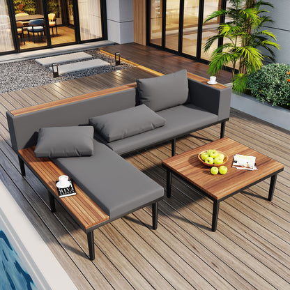 <Old SKU: N704G201251E> Luxury Patio Furniture Set with Removable Cushions and Coffee Table, L-Shaped Acacia Wood Sofa with Side table, Outdoor Conversation Sectional Sofa for Backyard, Porch, Gray image 1