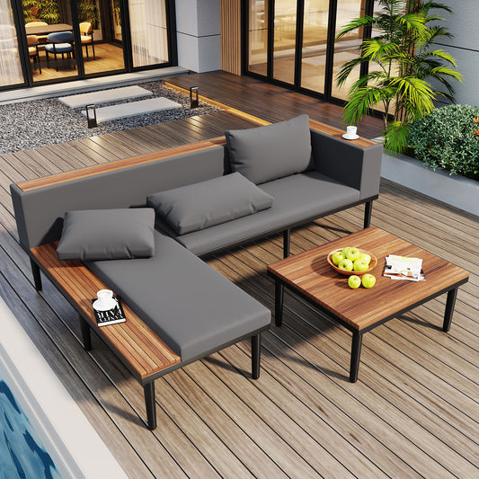 <Old SKU: N704G201251E> Luxury Patio Furniture Set with Removable Cushions and Coffee Table, L-Shaped Acacia Wood Sofa with Side table, Outdoor Conversation Sectional Sofa for Backyard, Porch, Gray image 1