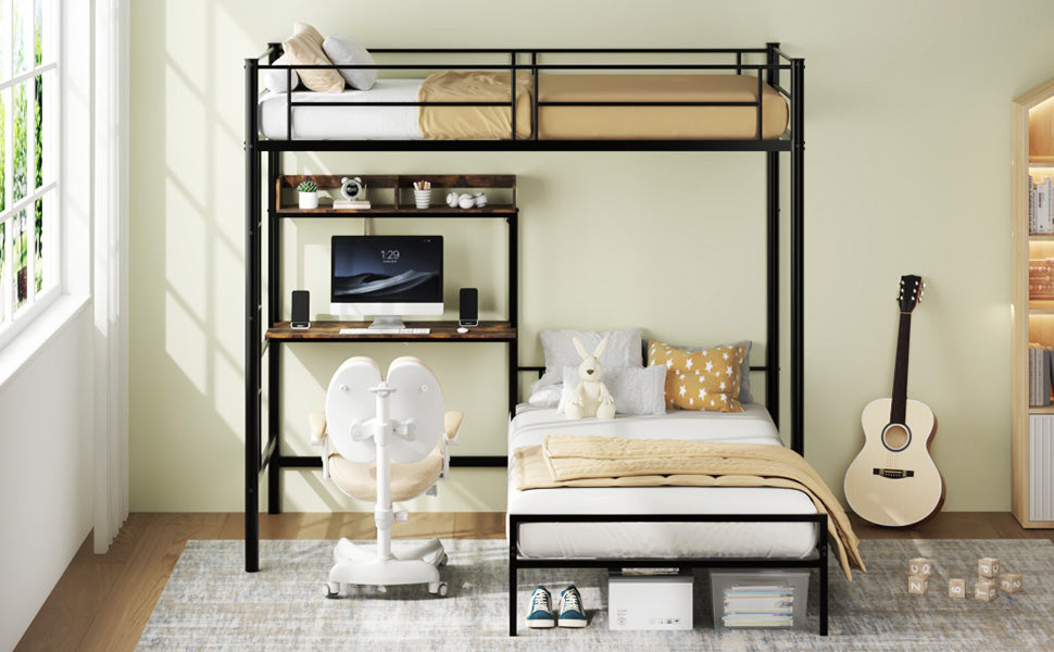 Bunk Bed Twin Over Twin Size with Desk and Charging Station L-Shaped Metal Bunk Bed with Storage Shelves and Bookcase Loft Beds with Safety Guardrail and Ladder for Teen,Black image 3