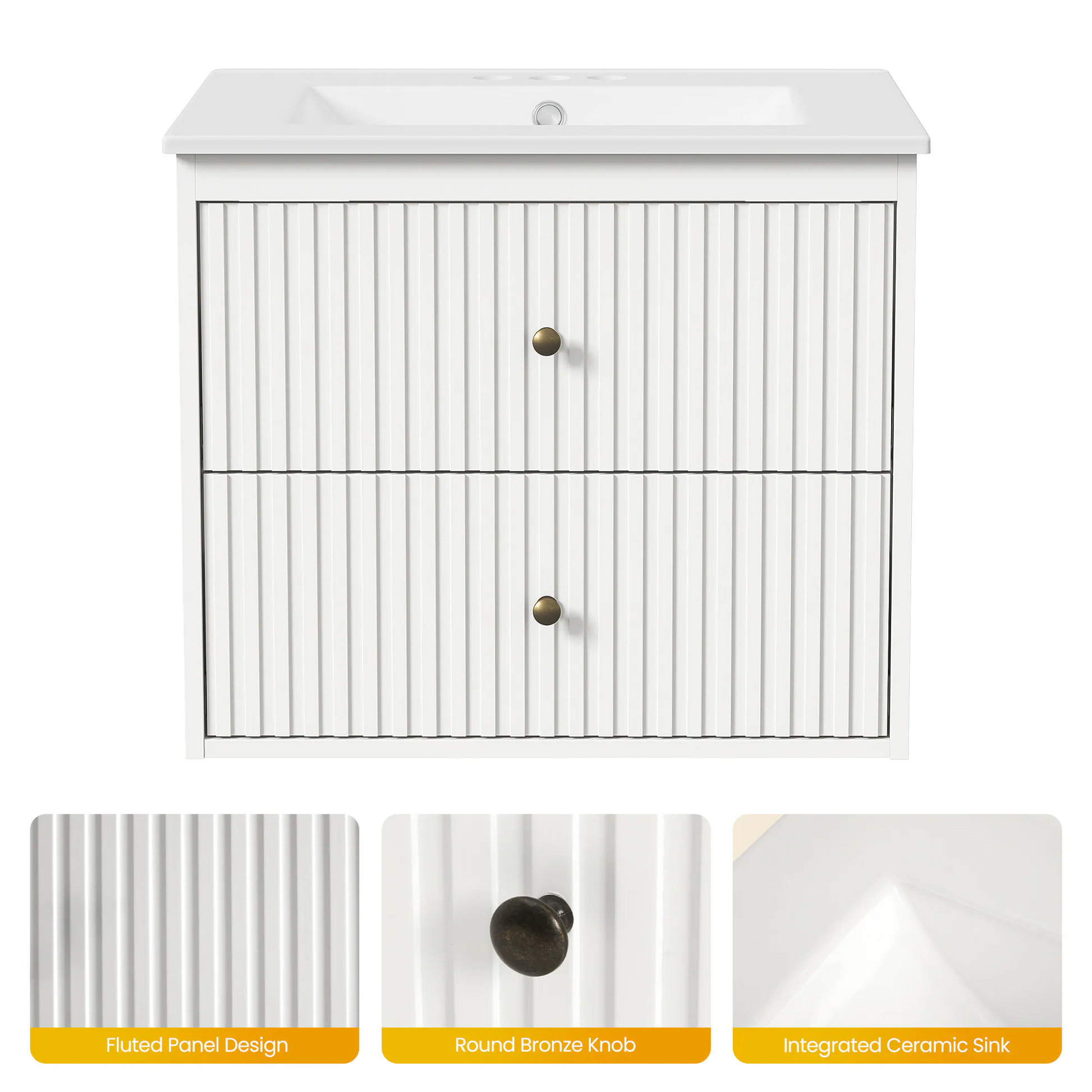 24'' Bathroom Vanity with Sink Set, Floating Bathroom Storage Cabinet with Doors and Drawers, Modern Vanity Sink Cabinet Wall Mount with Painted Surface, White image 6