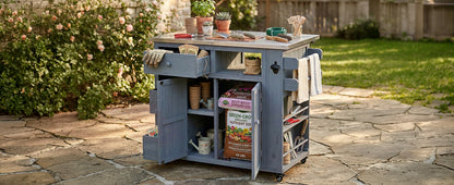 TOPMAX Outdoor Solid Wood Extendable 19.3''/28'' Kitchen Island, Stainless Steel Top Grill Table with Side Spice Rack, Kitchen Cart with Drawers, Storage Cabinet for Backyard, BBQ,Party, Gray image 2