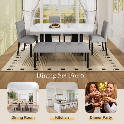 6 Piece Modern Dining Table Set, 63" Faux Marble Dining Table with Geometric Legs & 4 Upholstered Chairs & 1 Bench, Suitable for Dining Kitchen Room,Easy to Assemble, White+Gray image 12