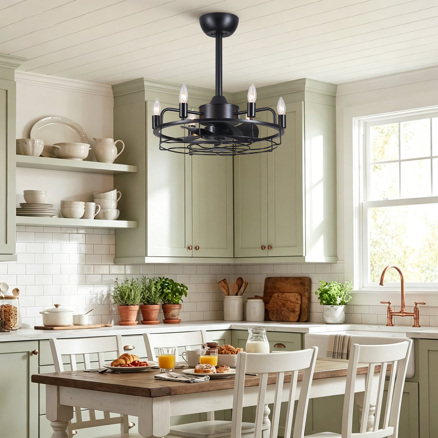 20" Industrial Ceiling Fan with Lights, Farmhouse Fandelier with 6 E12 Sockets, Reversible DC Motor, 6 Speeds Remote Control Ceiling Fan for Dining Room Kitchen Bedroom image 4