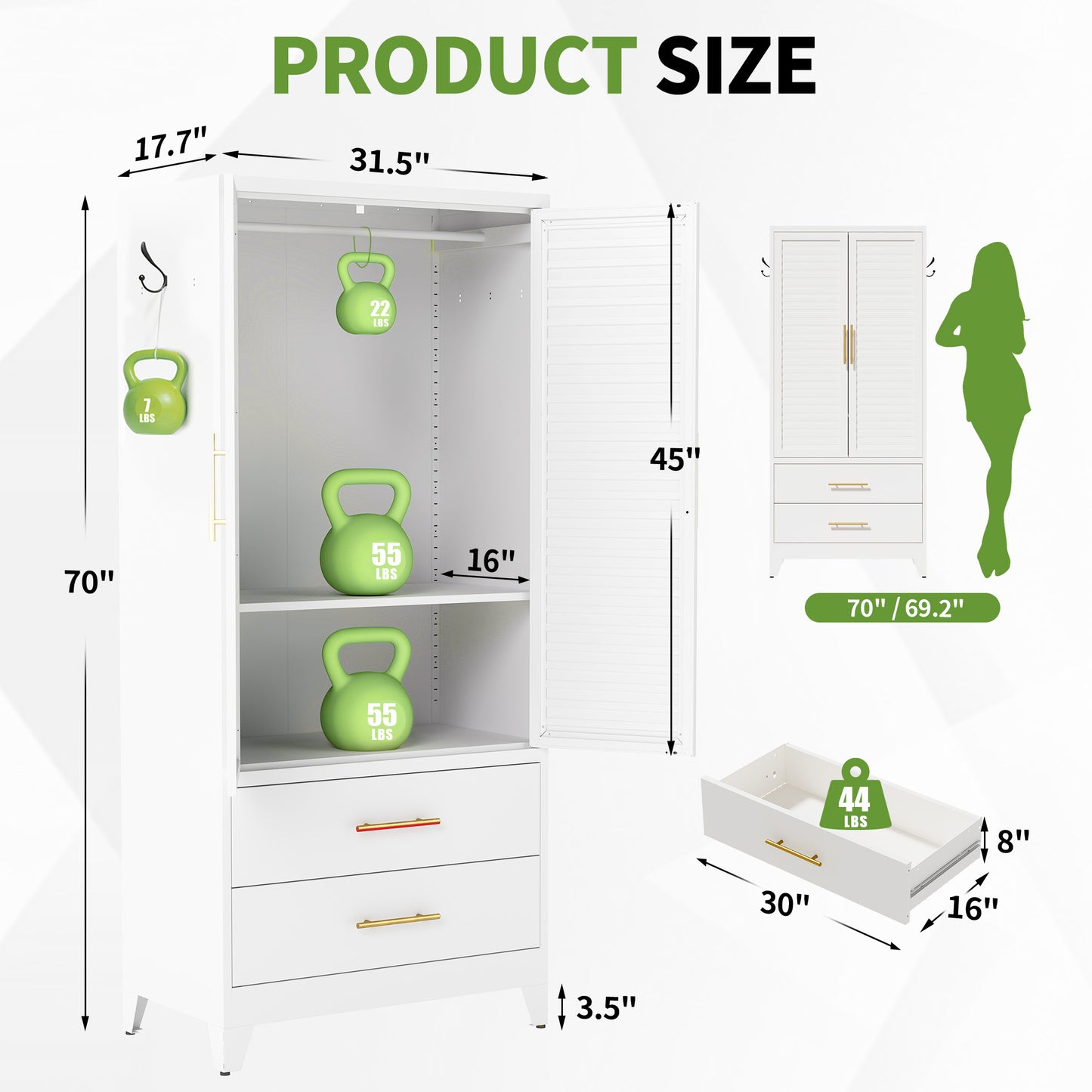 White Metal Wardrobe Closet with 2 Doors and Drawers, 71″ Tall Storage Cabinet for Bedroom, Lightweight Portable Closet for Small Apartments, Dorm, Renters, Cold Rolled Steel, Easy Assembly image 3