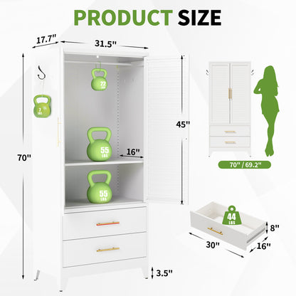 White Metal Wardrobe Closet with 2 Doors and Drawers, 71″ Tall Storage Cabinet for Bedroom, Lightweight Portable Closet for Small Apartments, Dorm, Renters, Cold Rolled Steel, Easy Assembly image 3