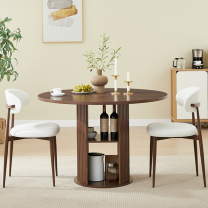 47.24" Round Dining Table (Serves 2–4) with Two Dining Chairs Blends modern and farmhouse styles, featuring a double-tiered storage shelf, suitable for dining rooms or living spaces.Walnut image 3