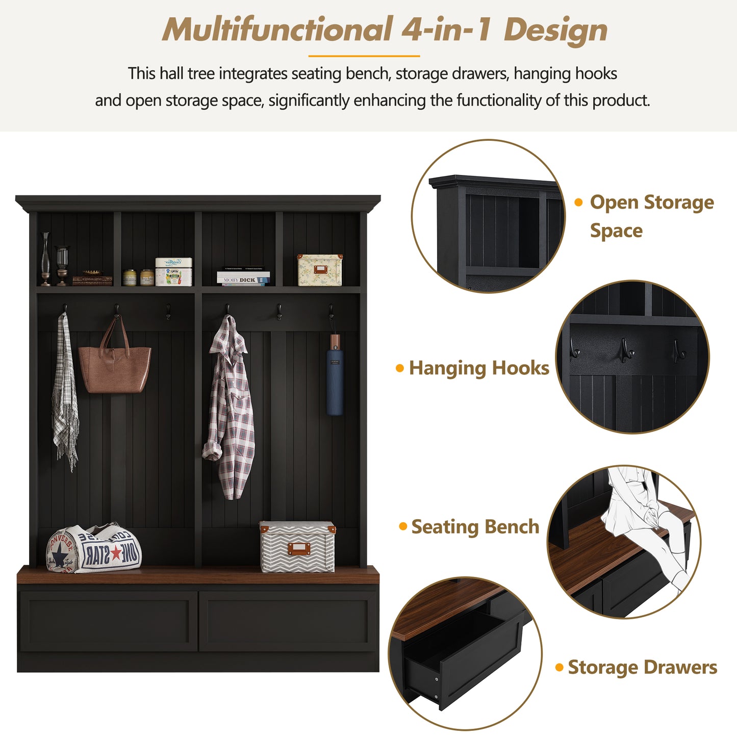 Farmhouse 4-in-1 Hall Tree with Wood Grain Bench, Mudroom Versatile Coat Rack with 2 Large Drawer, Entrance Organizer for Hallway, Living Room, Black, 55.9"W (OLD SKU: N721P313099B) image 6