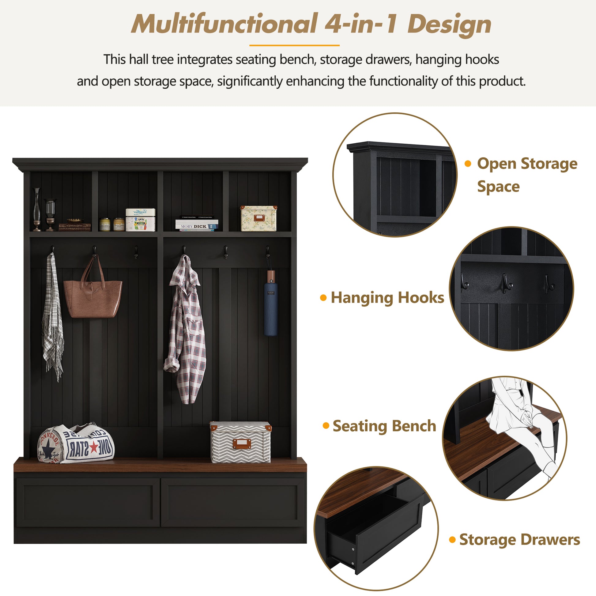 Farmhouse 4-in-1 Hall Tree with Wood Grain Bench, Mudroom Versatile Coat Rack with 2 Large Drawer, Entrance Organizer for Hallway, Living Room, Black, 55.9"W (OLD SKU: N721P313099B) image 6
