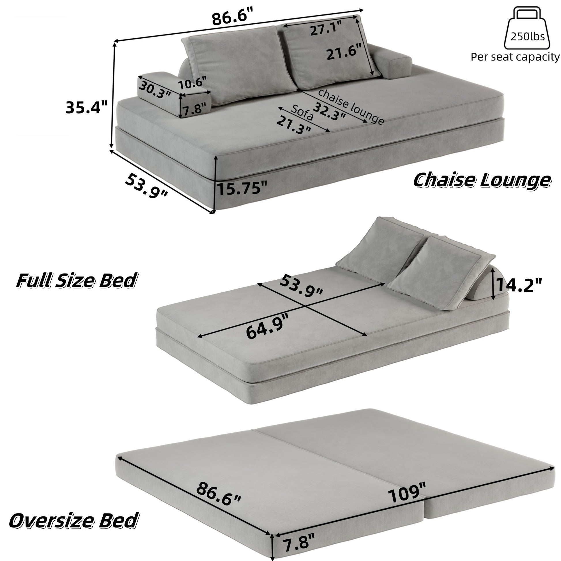 86.6"Multifunctional Convertible Sofa Bed w/2 Removable Backrests and 2 Pillows,Fluffy Chenille Fabric Sofa,Chaise Lounge,Game Pad,DIY Modern Upholstered Couch,Deep Seat Couch for Living Room,Office image 2