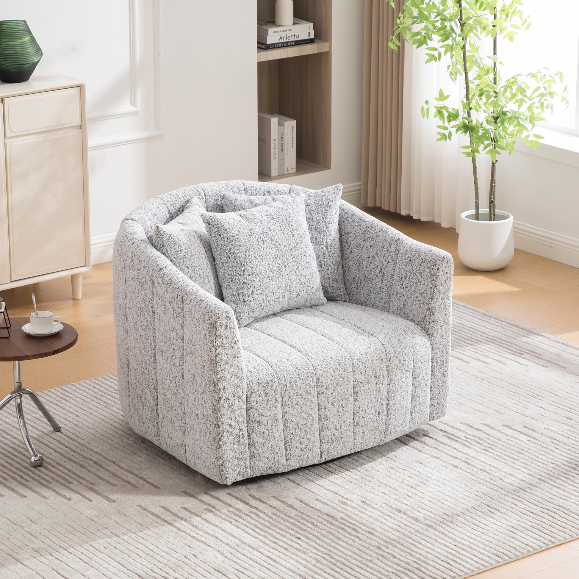39"W Upholstered Oversized 360° Swivel Accent Barrel Chair and Half Cozy Sofa with 3 Pillows, Chenille Channel Tufted Pumpkin-Shape Club Armchair for Living Room, Bedroom, Office, Lounge,White-Black image 3