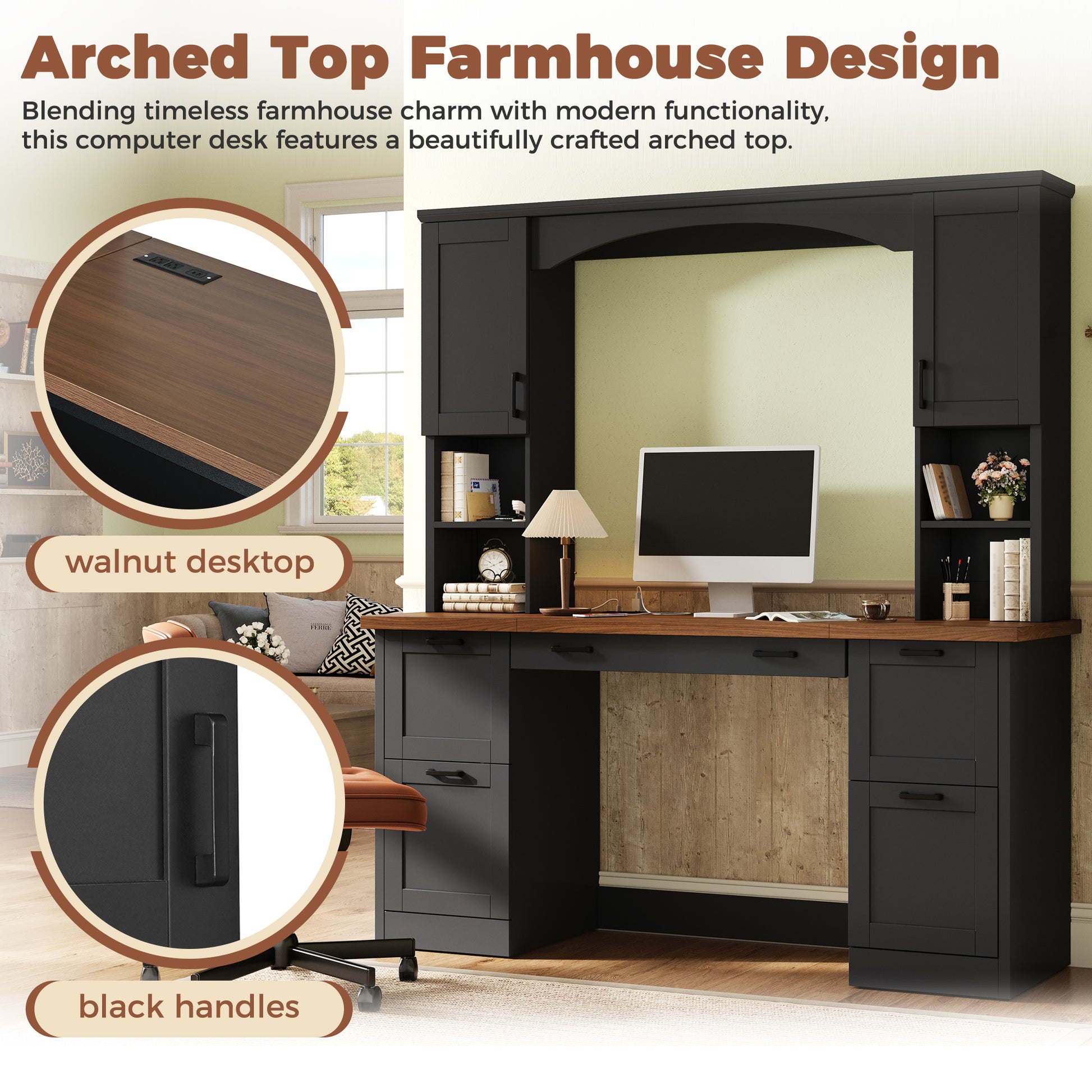 ON-TREND Farmhouse Arched Computer Desk with Hutch, Mid-Century Walnut Home Office Workstation with Charging Station & Keyboard Tray, All-in-One Writing Desk with File Drawer for Study, Office, Black image 3