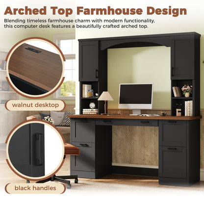 ON-TREND Farmhouse Arched Computer Desk with Hutch, Mid-Century Walnut Home Office Workstation with Charging Station & Keyboard Tray, All-in-One Writing Desk with File Drawer for Study, Office, Black image 3