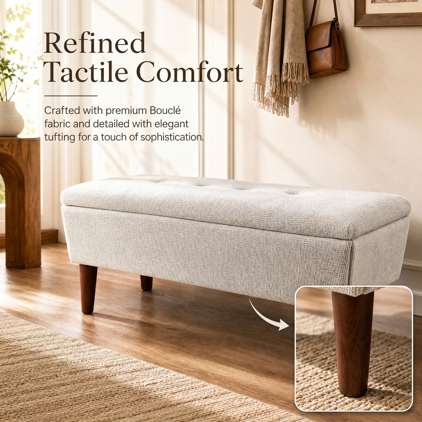 42" Rectangular Linen Ottoman Bench, Modern Low Footrest Stool with Solid Wood Tapered Legs, Multi-Use Entryway Shoe Bench & End of Bed Bench for Living Room/Bedroom image 6