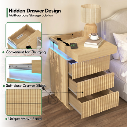 (Set of 2) Natural Nightstand Set of 2 with Charging Station & LED Lights, Fluted Wave Panel Bedside Table with Sliding Top Hidden Storage, Night Stand for Bedroom Living Room image 3