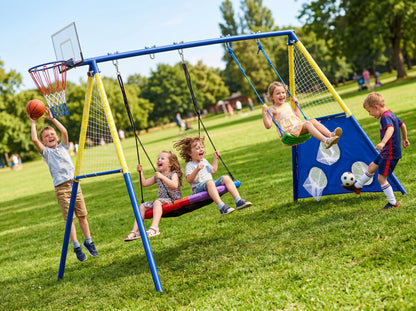 5-in-1 Kids Swing Set with Saucer Swing, Belt Swing, Basketball Hoop & Soccer Goal, Heavy Duty Metal Frame Backyard Playground for Toddlers & Kids Ages 3-10 image 2