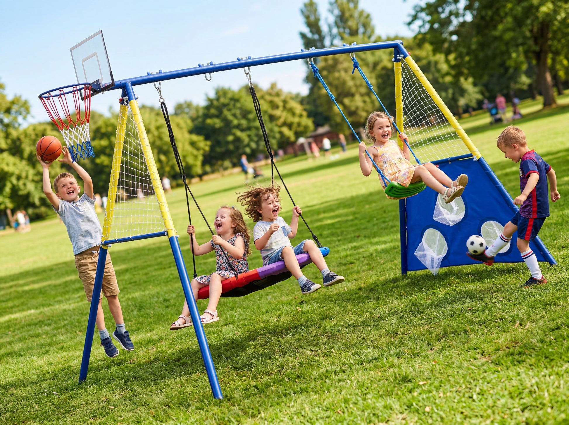 5-in-1 Kids Swing Set with Saucer Swing, Belt Swing, Basketball Hoop & Soccer Goal, Heavy Duty Metal Frame Backyard Playground for Toddlers & Kids Ages 3-10 image 2