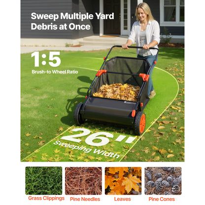 Push Lawn Sweeper, 26 in Leaf & Grass Collector with 7 cu. ft. Hopper Bag, Adjustable Brush Height & Spinning Brushes, Heavy Duty Yard Sweeper with Rubber Wheels for Leaves Grass Cleanup image 7