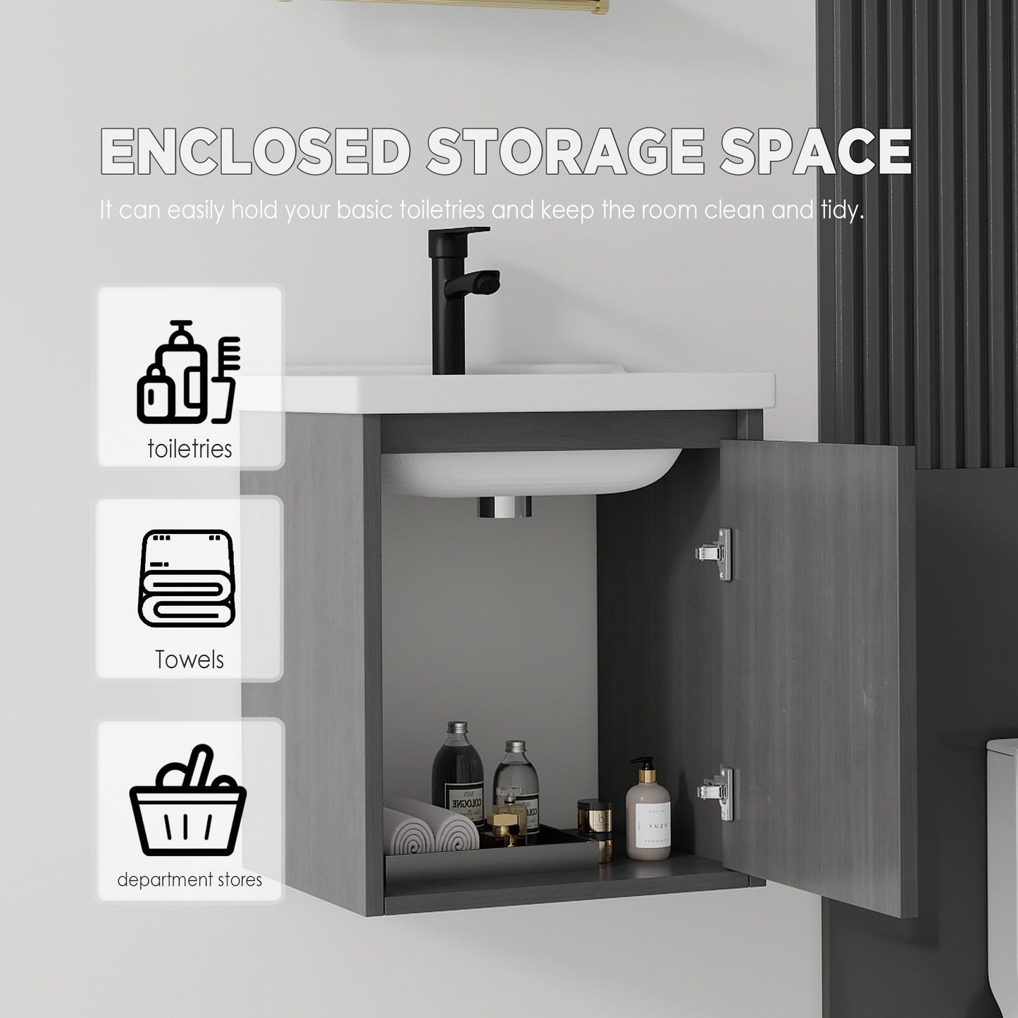 20 Inch Floating Bathroom Vanity with Sink, Soft-Close Door,Ceramic Sink,Plywood, Grey image 4