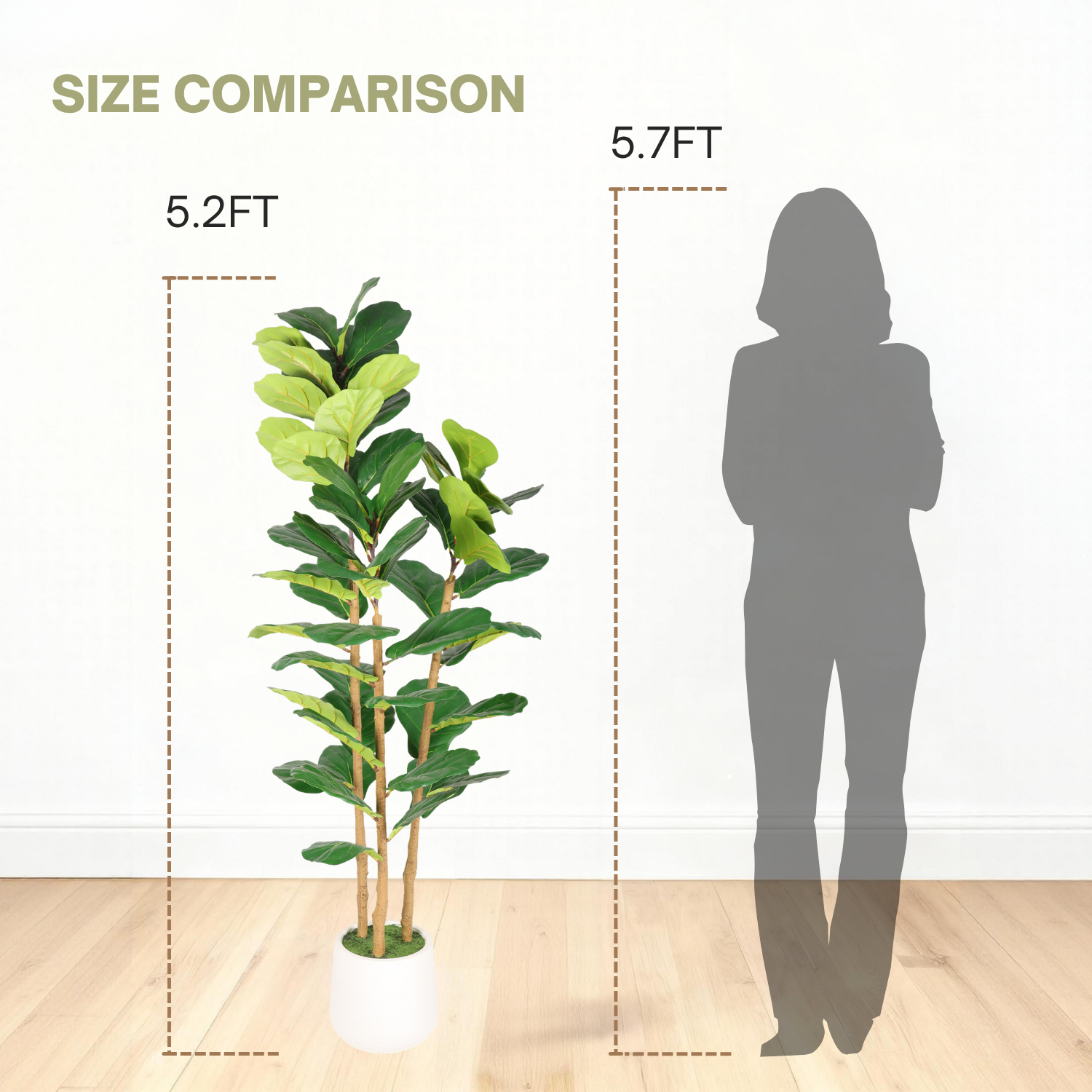 5.2FT Artificial Fiddle Leaf Fig Tree With Decorative White Pot, Real Touch Fake Indoor Plant for Home Office Living Room Corner Decoration, 1pc/set image 6