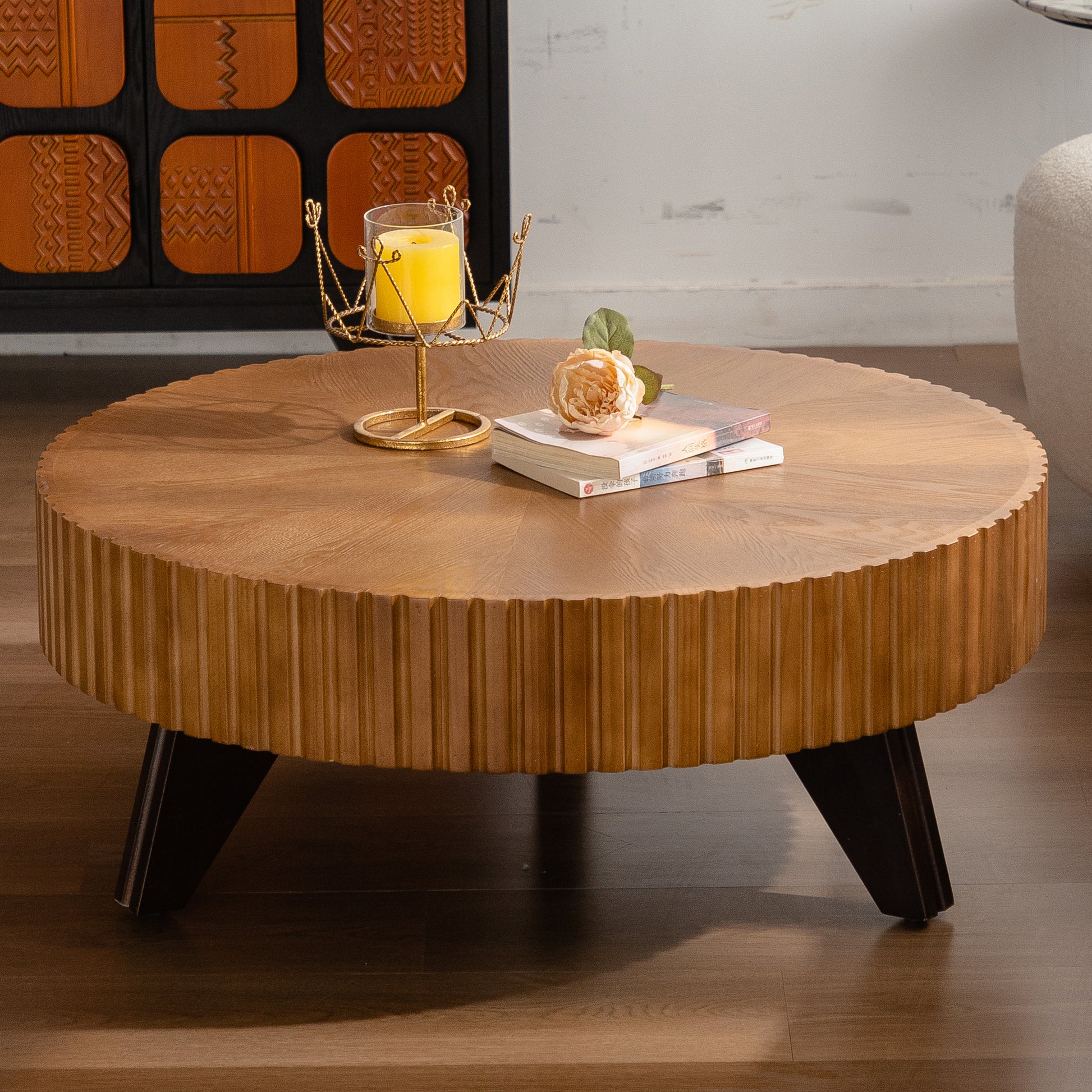 35.4 "Round Retro Coffee Table, Coffee Table Suitable For Coffee and Home Decor, Natural image 3