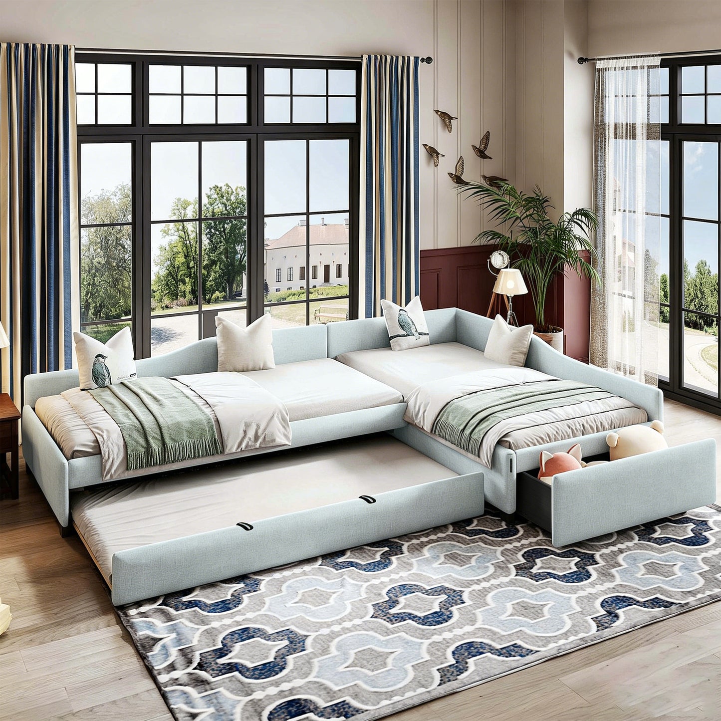 Upholstered Double Twin Size Daybed with Trundle and Drawer, Beige image 2