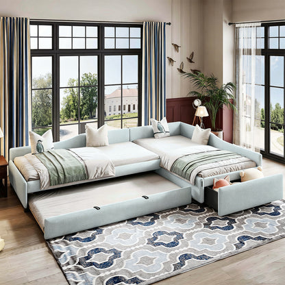 Upholstered Double Twin Size Daybed with Trundle and Drawer, Beige image 2