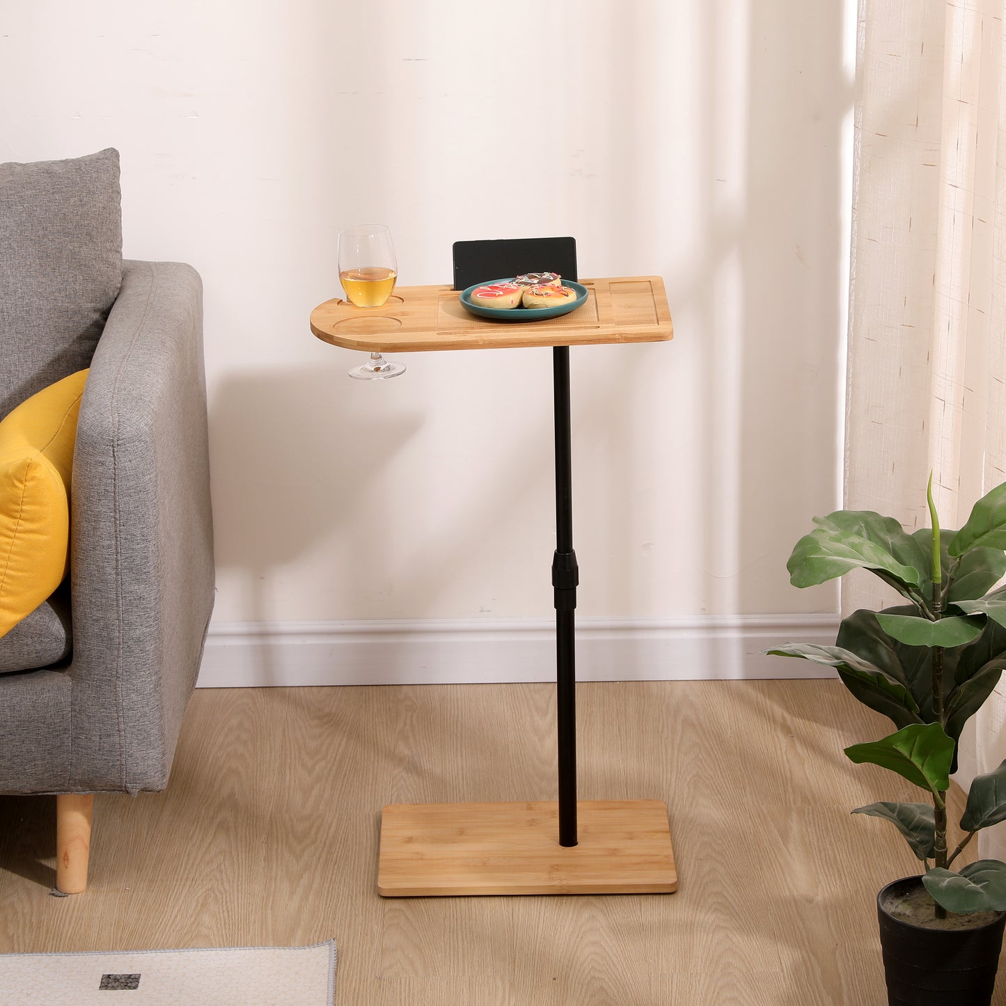Couch Tray Table Bamboo Height Adjustable Side Table for Sofa C-shaped Oval End Tables with Slots for Bed & Chairs in Living Room & Bedroom (Oval + Rectangle) image 8