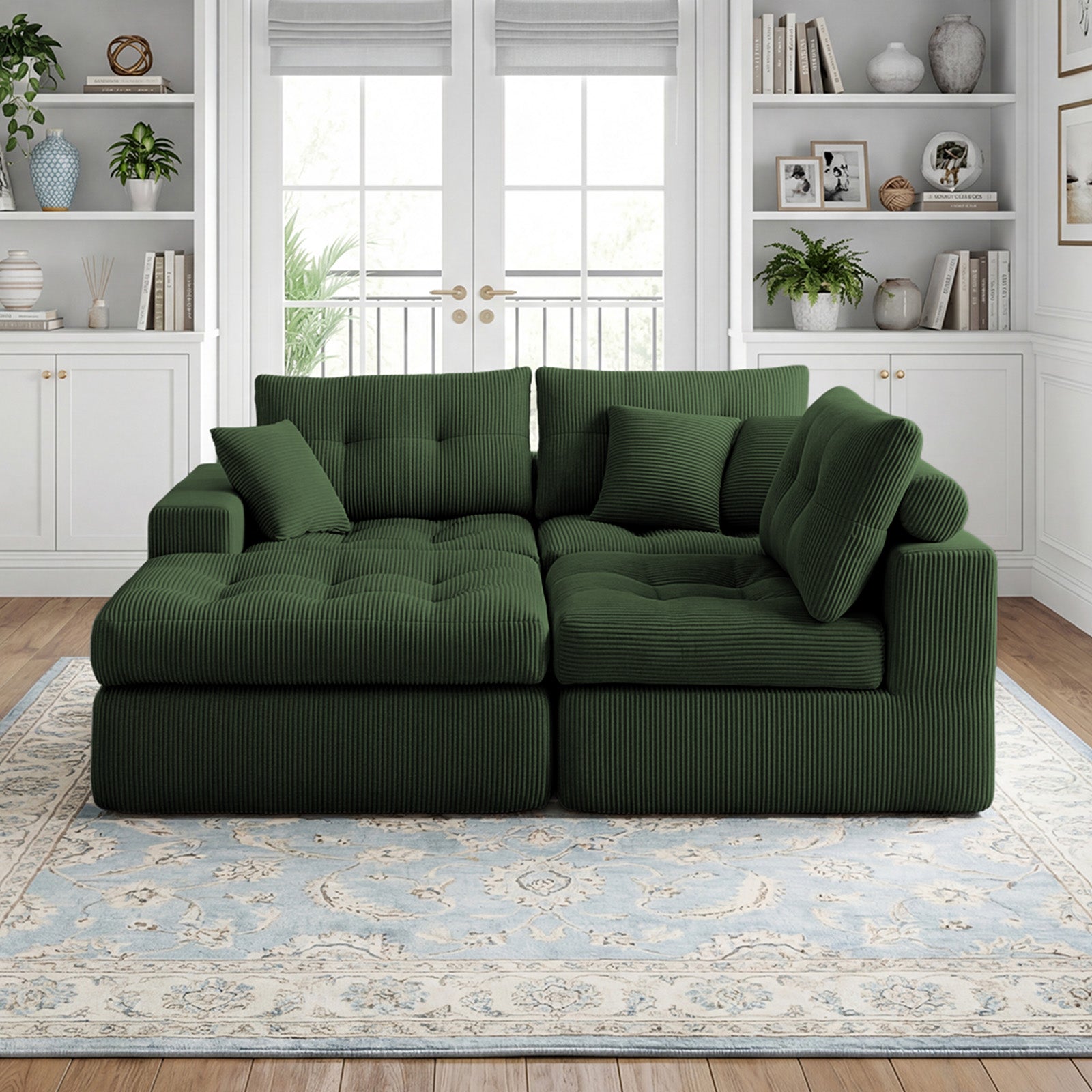 Corduroy Corner Chaise Compression Sofa Bed, L-Shaped Sectional Couch with High-Density Sponge, No-Assembly Required Convertible Sofa for Living Room, Apartment, Guest Room(Green) image 2