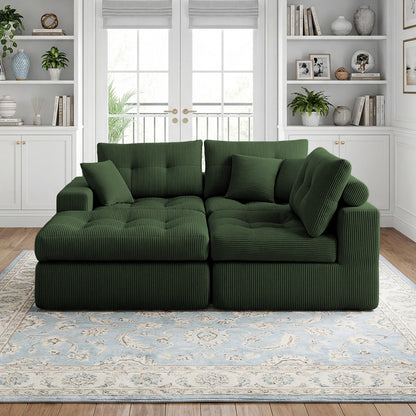 Corduroy Corner Chaise Compression Sofa Bed, L-Shaped Sectional Couch with High-Density Sponge, No-Assembly Required Convertible Sofa for Living Room, Apartment, Guest Room(Green) image 2