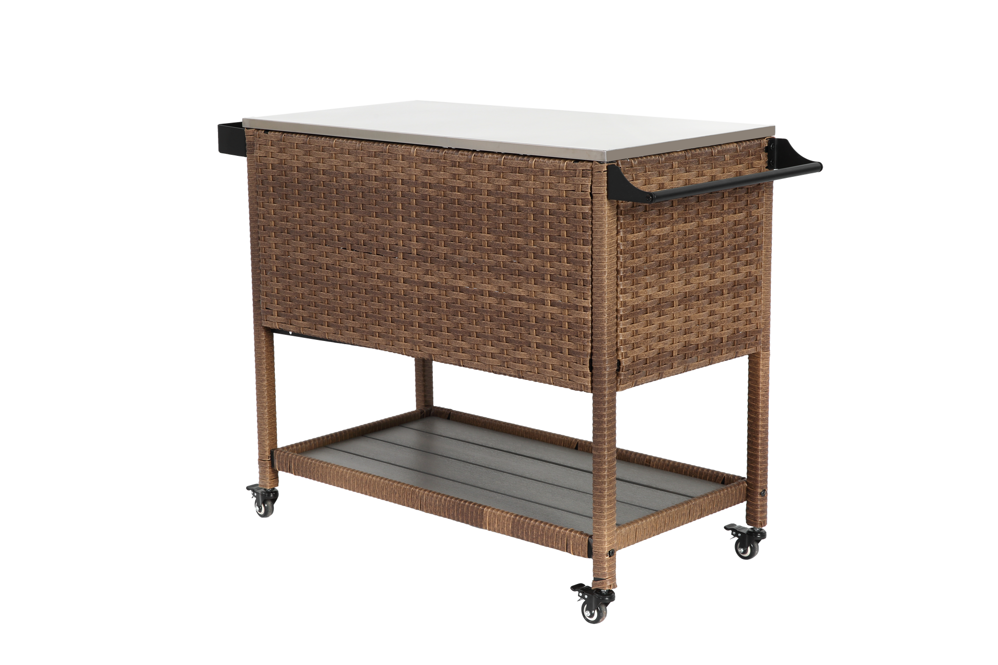 Outdoor Wicker Bar Cart, Patio Wine Serving Cart w/Wheels, Rolling Rattan Beverage Bar Counter Table with stainless steel Top for Porch Backyard Garden Poolside Party, Brown image 5