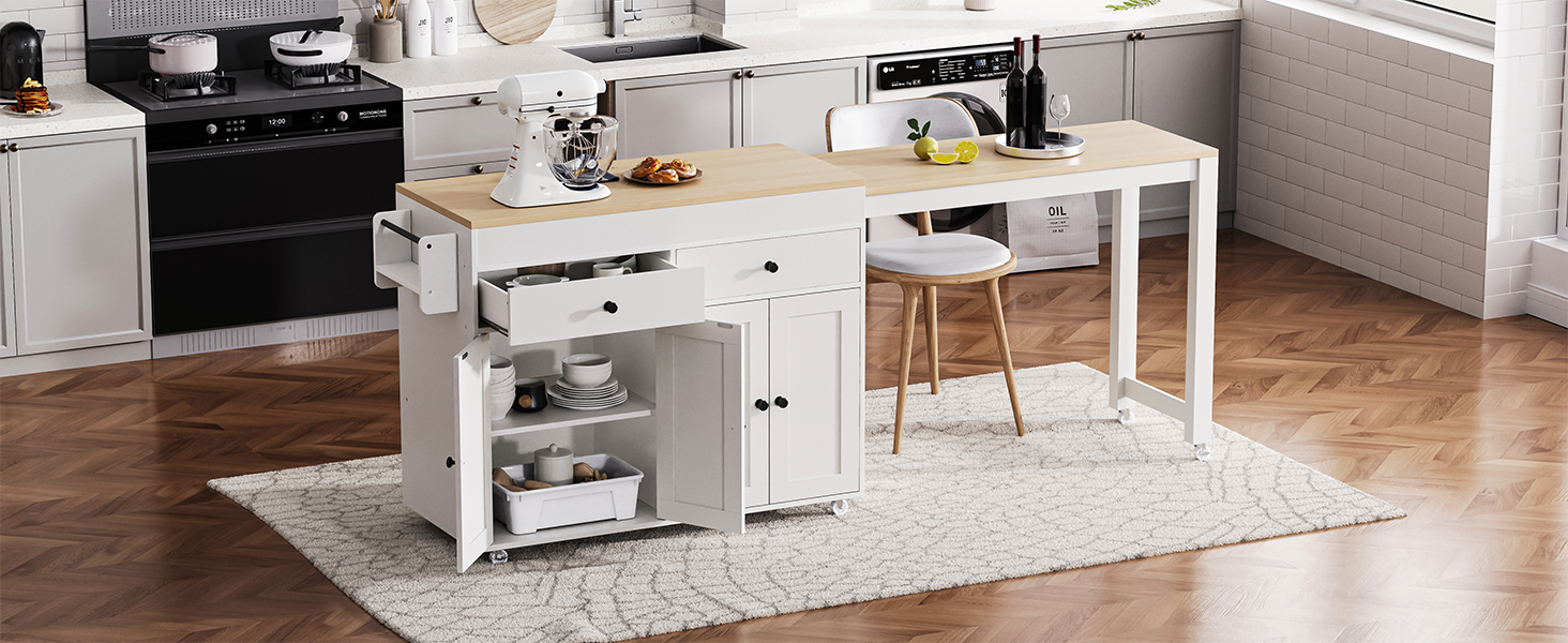K&K 74.5 inch Kitchen Island with Extendable Dining Table, Rolling Kitchen Island on Wheels with Spice Rack and 2 Drawers, 4 Door Cabinet, for Kitchen, Dining Room, White (One Package) image 3
