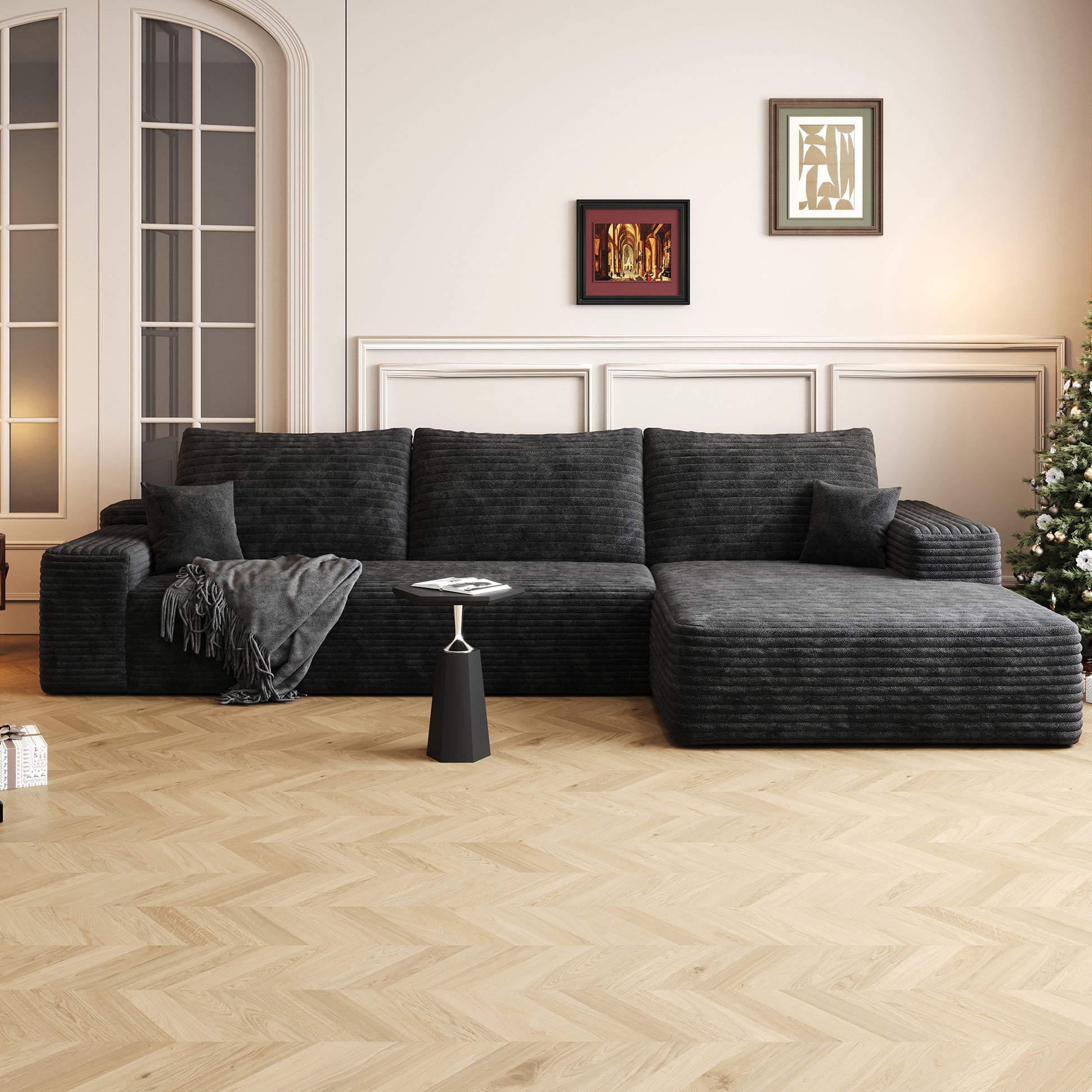 107" Cloud Sectional Couch with L-Shape Chaise,Modern Modular Sofa with Deep Seat, Upholstered Couches for Living Room Bedroom,No Assembly Required, BLACK(Plush Corduroy Fabric),Black image 1