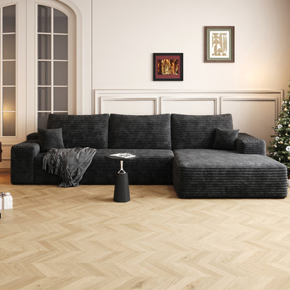 107" Cloud Sectional Couch with L-Shape Chaise,Modern Modular Sofa with Deep Seat, Upholstered Couches for Living Room Bedroom,No Assembly Required, BLACK(Plush Corduroy Fabric),Black image 1