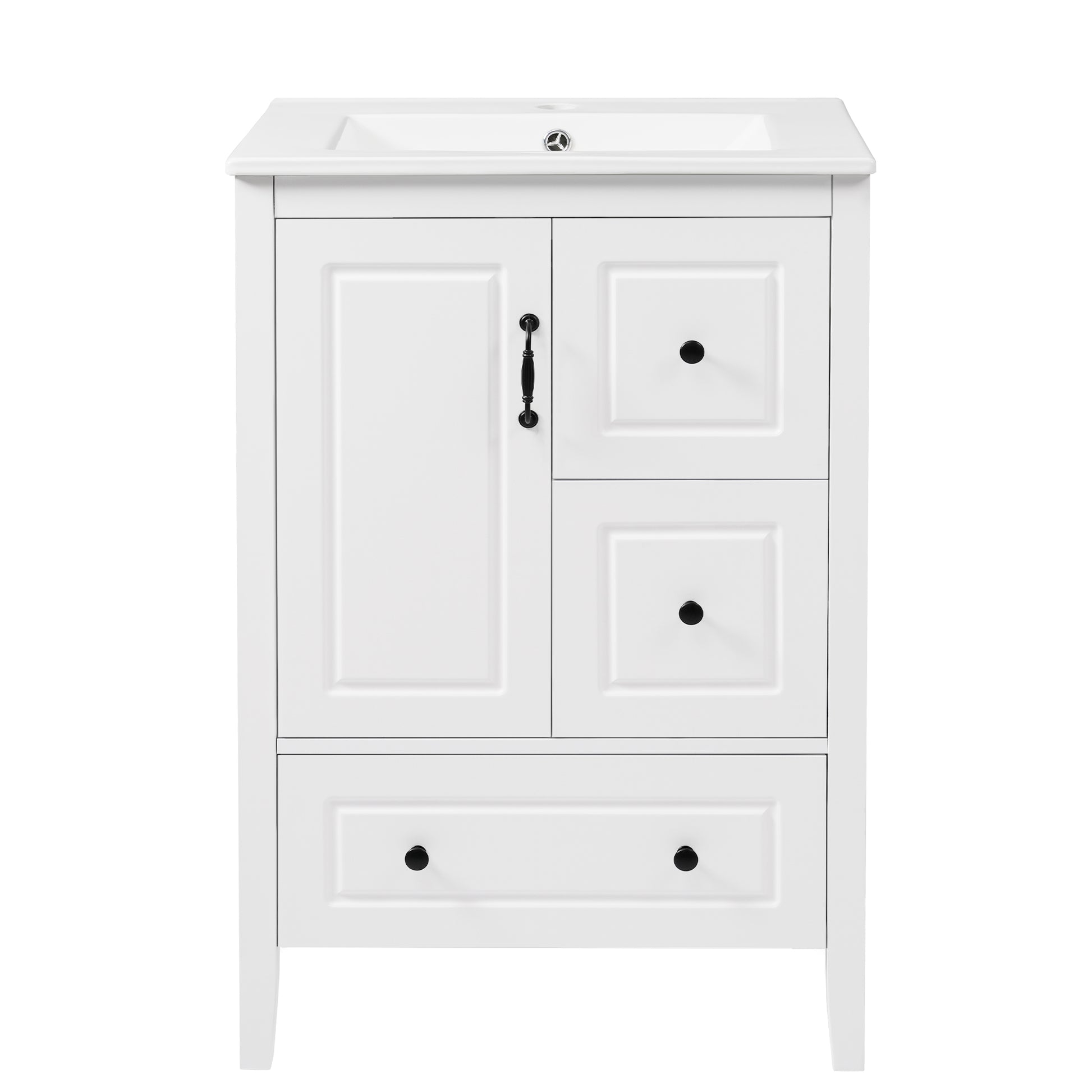 24 inch Bathroom Vanity with Sink, One Cabinet with Soft-closing Door, 3 Soft-closing Drawers, Retro Metal Handles, White image 11