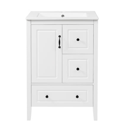 24 inch Bathroom Vanity with Sink, One Cabinet with Soft-closing Door, 3 Soft-closing Drawers, Retro Metal Handles, White image 11