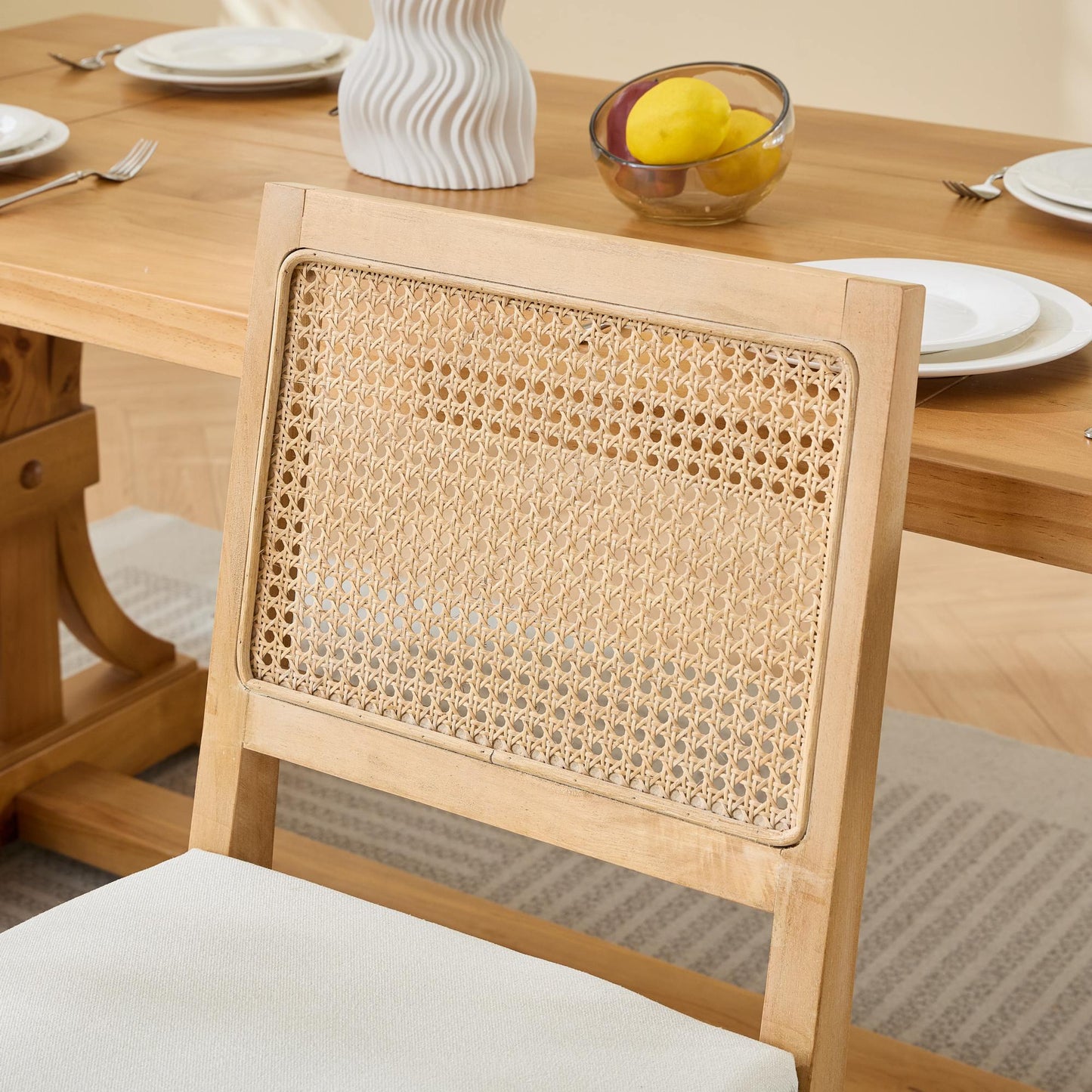 Farmhouse Rattan Dining Chairs Set of 2, Mid Century Modern Kitchen & Dining Room Chairs, Cane Upholstered Kitchen Side Chair with Natural Hardwood Frame, Beige image 10