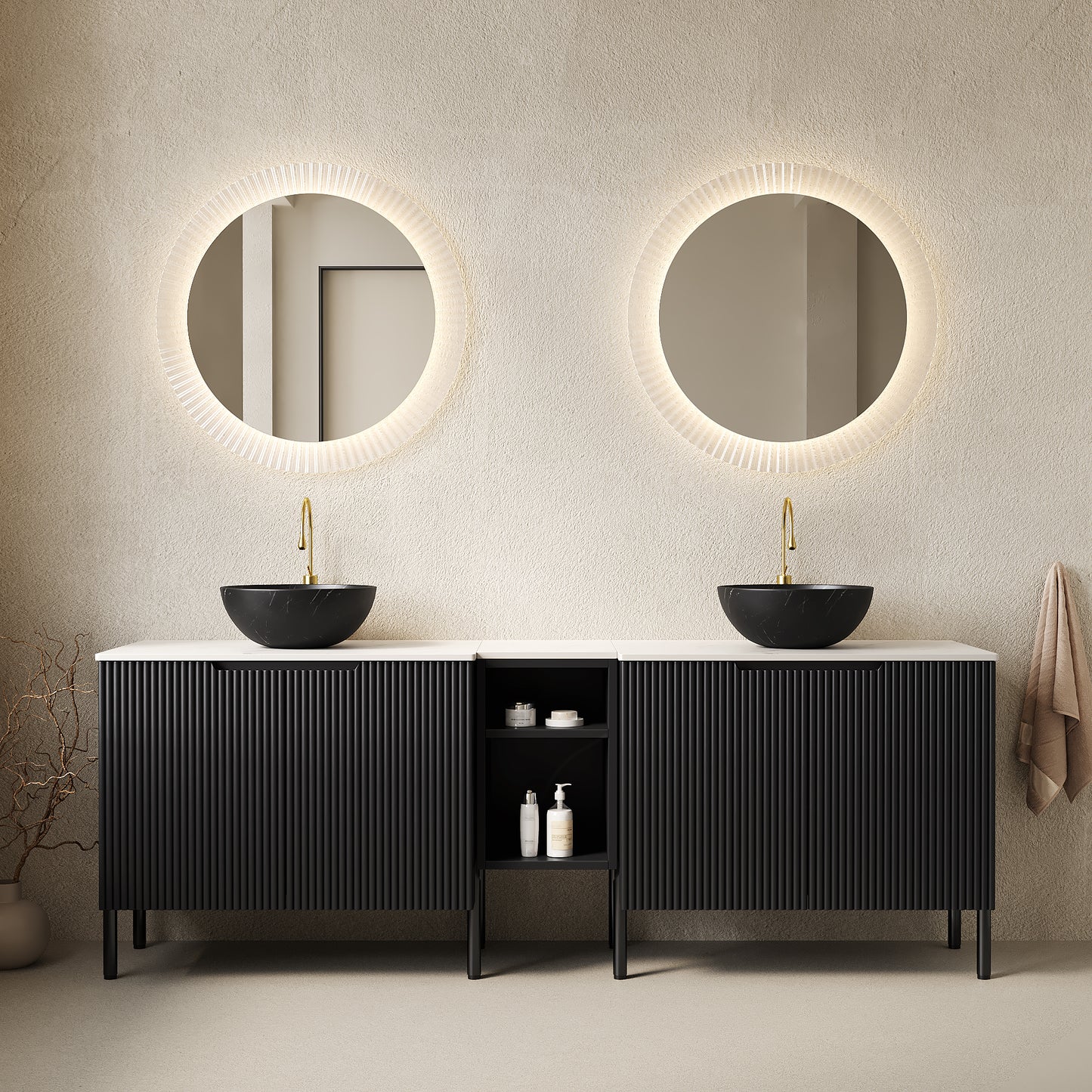 TURIO 72" Freestanding Double Bathroom Vanity with Sinks, 2x30" Striped Storage Cabinets + 12" Removable Open Shelf, 2 Black Bowl Stone Pattern Vessel Basins with Carrara White Countertop, Black image 1