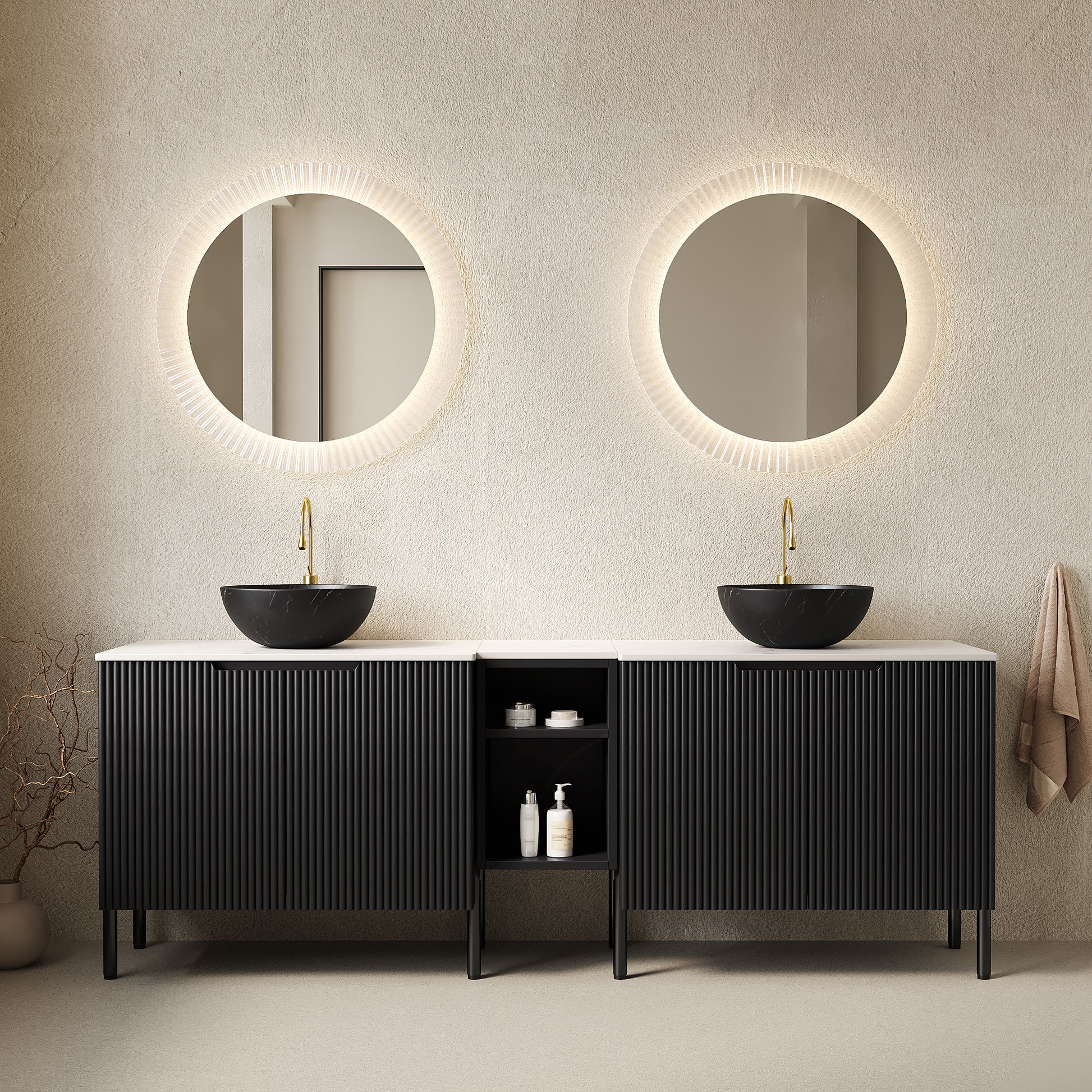 TURIO 72" Freestanding Double Bathroom Vanity with Sinks, 2x30" Striped Storage Cabinets + 12" Removable Open Shelf, 2 Black Bowl Stone Pattern Vessel Basins with Carrara White Countertop, Black image 1
