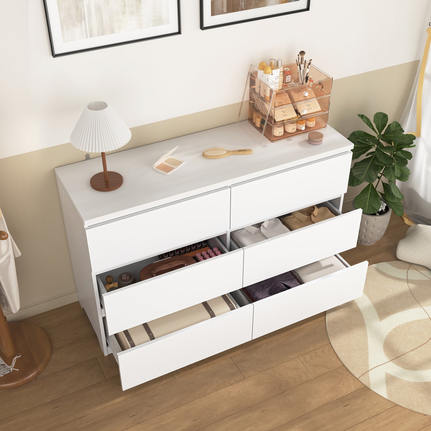6 Drawer Storage Cabinet,Dresser, Wood Storage Tower Clothes Organizer, Wide Chest of 6 Drawers, Large Storage Space for Bedroom, Hallway, Entryway Living Room White image 4