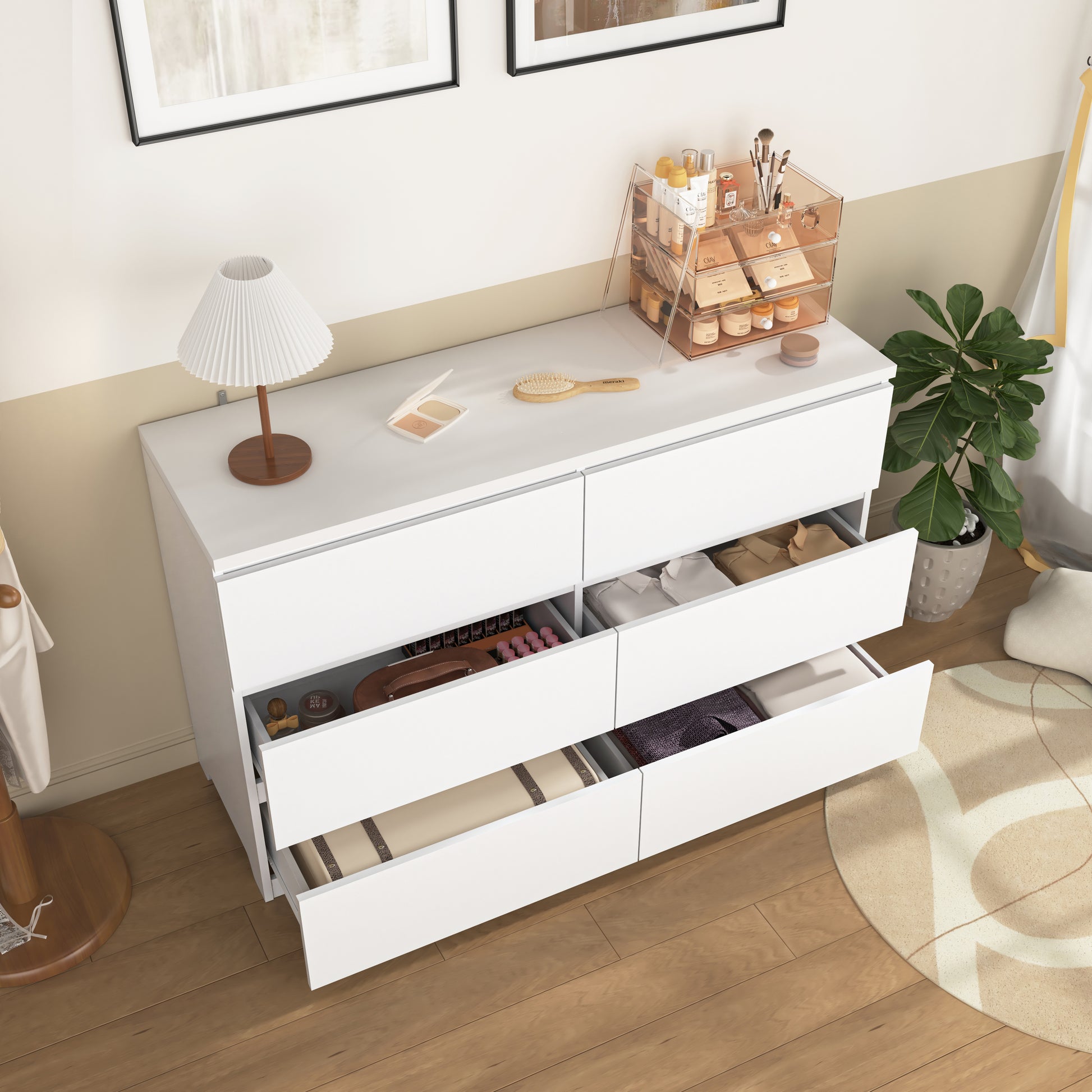 6 Drawer Storage Cabinet,Dresser, Wood Storage Tower Clothes Organizer, Wide Chest of 6 Drawers, Large Storage Space for Bedroom, Hallway, Entryway Living Room White image 4