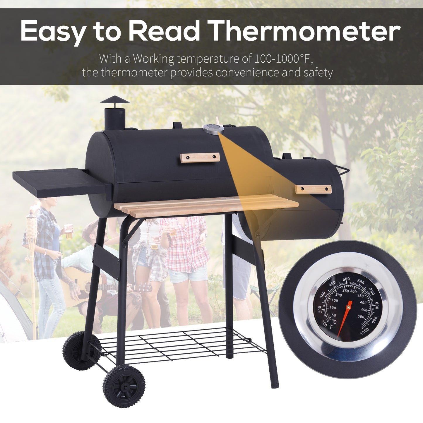 Outsunny 48" Steel Portable Backyard Charcoal BBQ Grill and Offset Smoker Combo with Wheels image 4