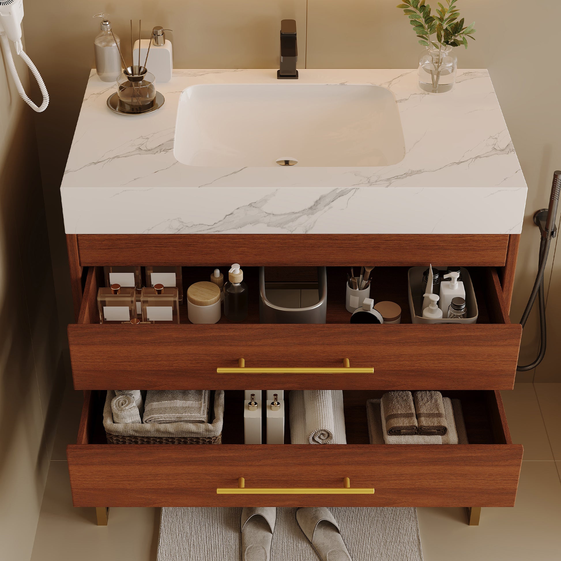 29.9" Modern Free-standing Bathroom Vanity with Sintered Stone Top Ceramic Undermount Sink & Bottom Shelf for Small Bathrooms, Apartment image 3