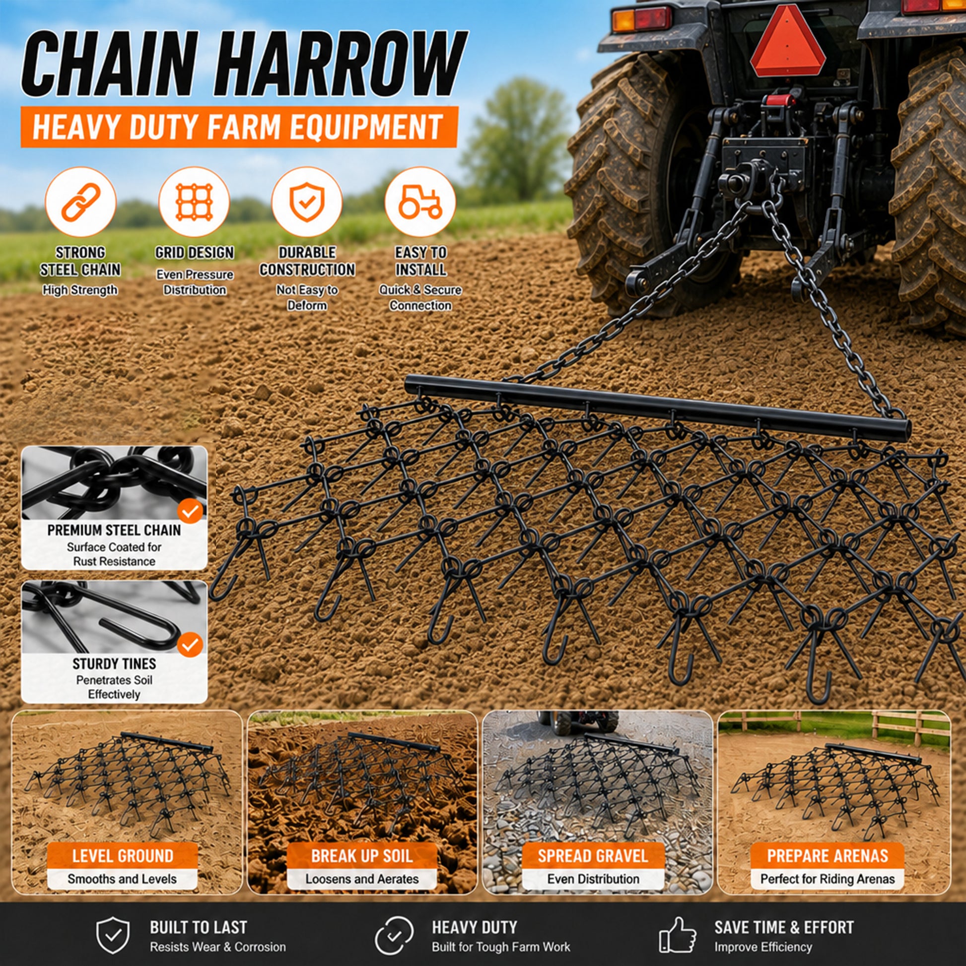 5FTX4.5FT Heavy-Duty Steel Drag Harrow,Field Leveling Chain Rake,Compatible with ATV UTV Compact Utility Tractors,Black Coated Durable Construction image 2