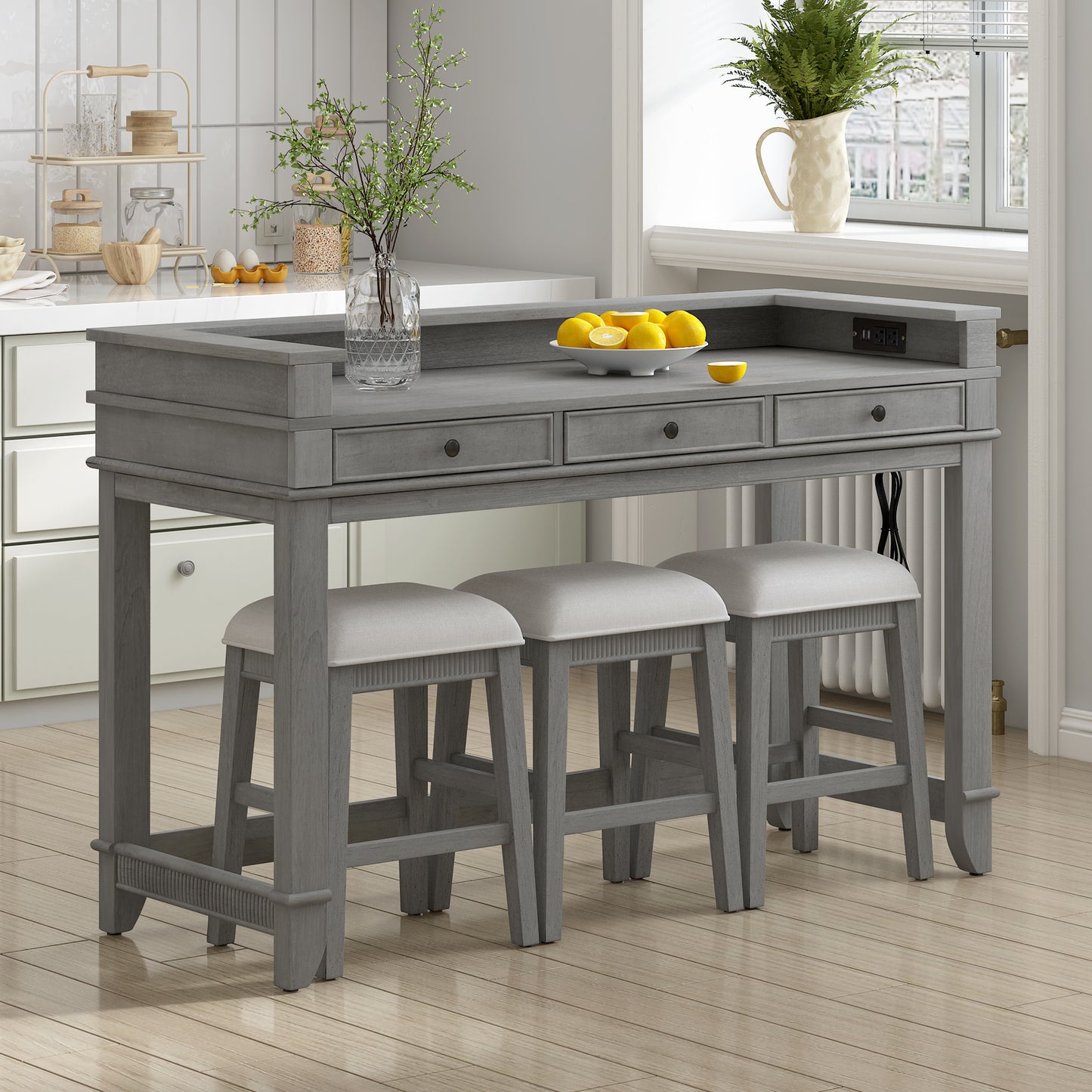 TREXM 4-Piece Dining Table Set for 3, Retro Kitchen Table and Chairs Set with 3 Storage Drawers, Ideal for Small Spaces (Light Grey) image 1
