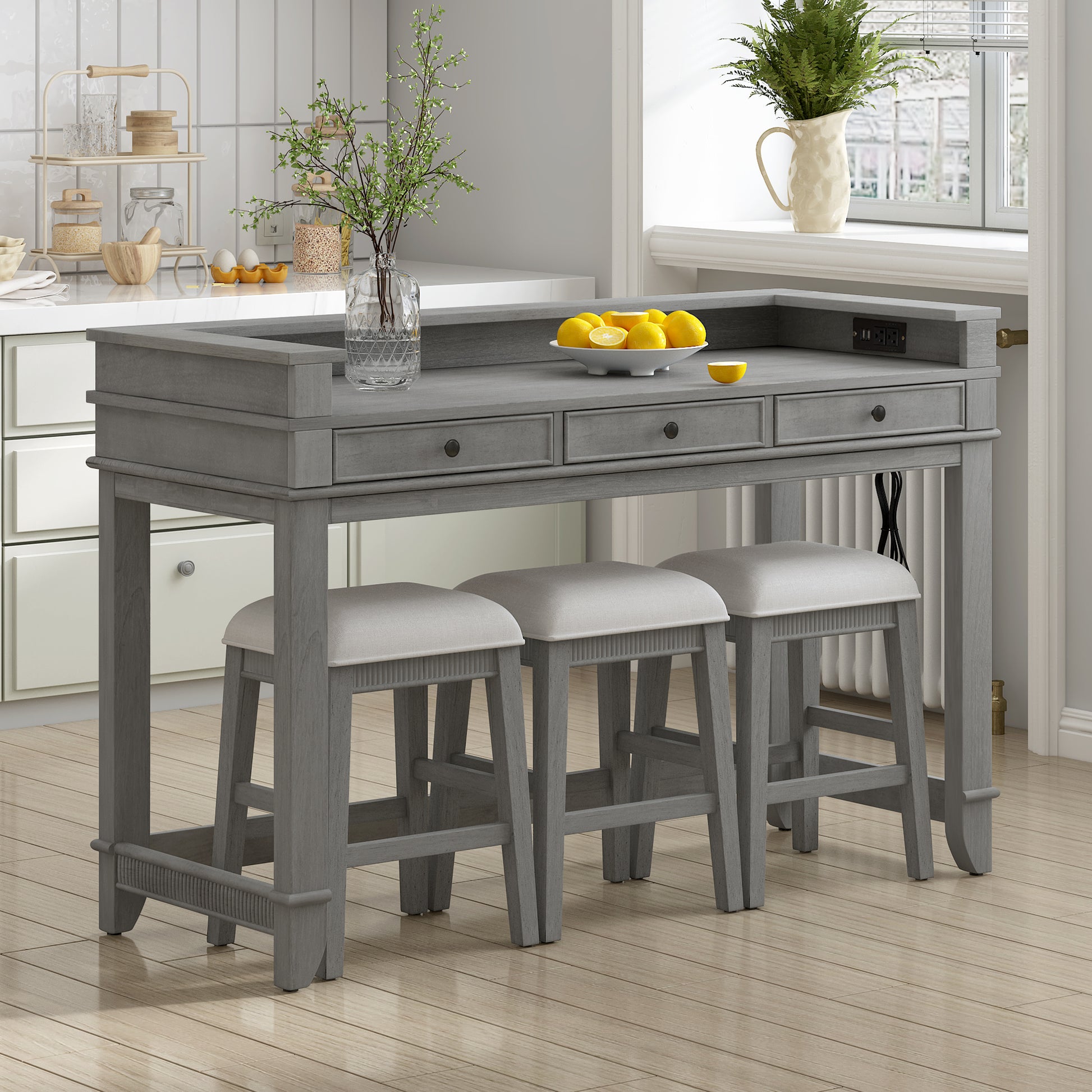 TREXM 4-Piece Dining Table Set for 3, Retro Kitchen Table and Chairs Set with 3 Storage Drawers, Ideal for Small Spaces (Light Grey) image 1