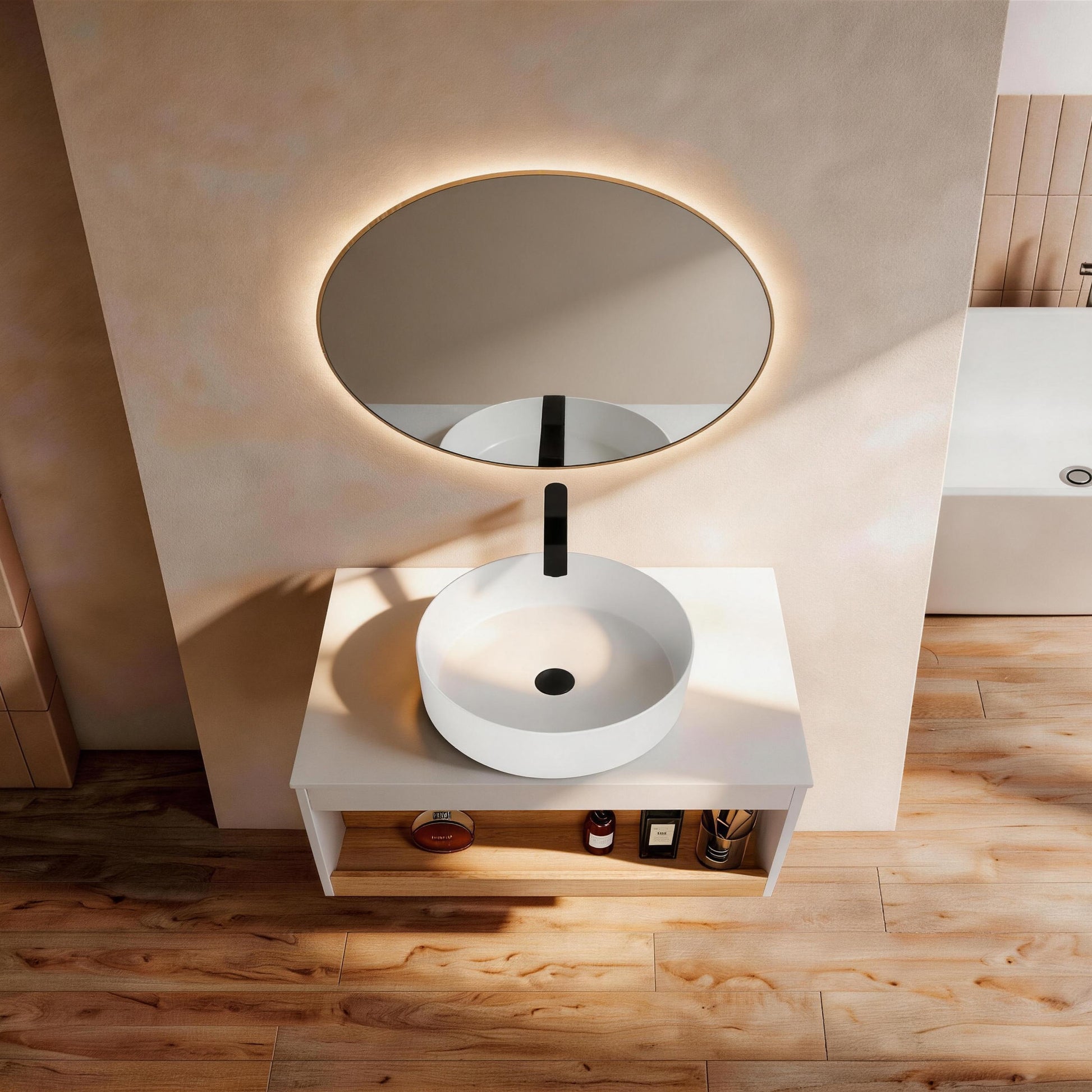30" Floating Bathroom Vanity with Glossy White Round Vessel Sink, Wall-Mounted Vanity with Open Shelf Storage, White Finish with Durable Countertop, Space-Saving Modern Design (Ships in 2 Boxes) image 4